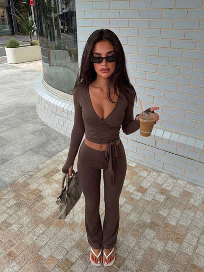 Women's Solid Color Long Sleeve V-Neck Cropped Top + Slim Fit Flare Pants Casual Set, Elegant Style, Can Be Worn Separately, Autumn/Winter
