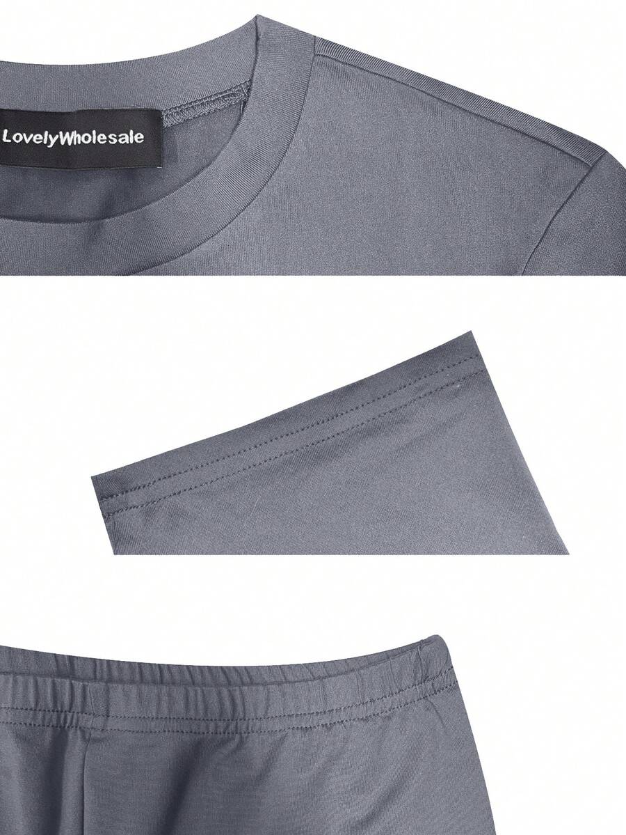LovelyWholesale Women's Casual Crew Neck Short Sleeve Solid Color T-Shirt & 3/4 Length Pants Black 2 Pieces Set Summer Outfit Elegant