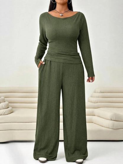 Solflare 2pcs Plus Size Textured Brown Pleated Long Sleeve Top And Pockets Pants Set Fall
