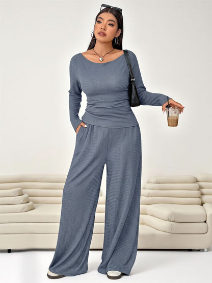 Solflare Plus Size Textured Long Sleeve Top And Loose Pants With Pockets 2 Pieces Set Fall
