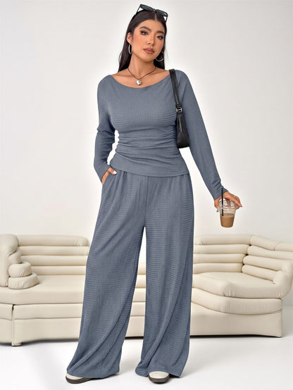 Solflare Plus Size Textured Long Sleeve Top And Loose Pants With Pockets 2 Pieces Set Fall