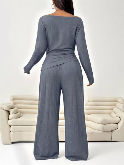 Solflare 2pcs Plus Size Textured Brown Pleated Long Sleeve Top And Pockets Pants Set Fall