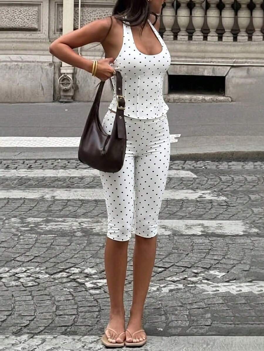 Women's 2-Piece Summer Y2K Set, Polka Dot Deep V Halter Tie-Up Fitted Top & 3/4 Pants, Suitable For Outings, Street Style And Music Festivals Elegant