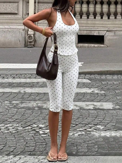 Women's 2-Piece Summer Y2K Set, Polka Dot Deep V Halter Tie-Up Fitted Top & 3/4 Pants, Suitable For Outings, Street Style And Music Festivals Elegant
