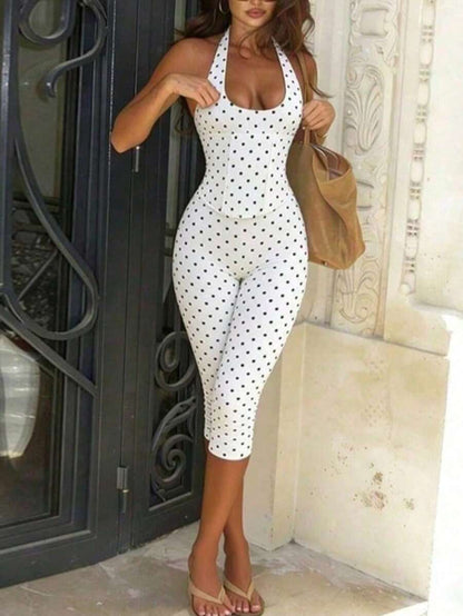 Women's 2-Piece Summer Y2K Set, Polka Dot Deep V Halter Tie-Up Fitted Top & 3/4 Pants, Suitable For Outings, Street Style And Music Festivals Elegant
