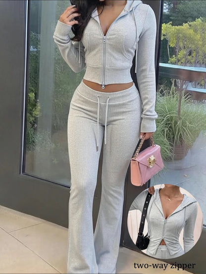 Eryvara Women's Casual Streetwear Fitted Hooded Zip-Up Sweatshirt And Blue Flare Pants Set, Autumn/Winter Daily Casual Fashion Outfit