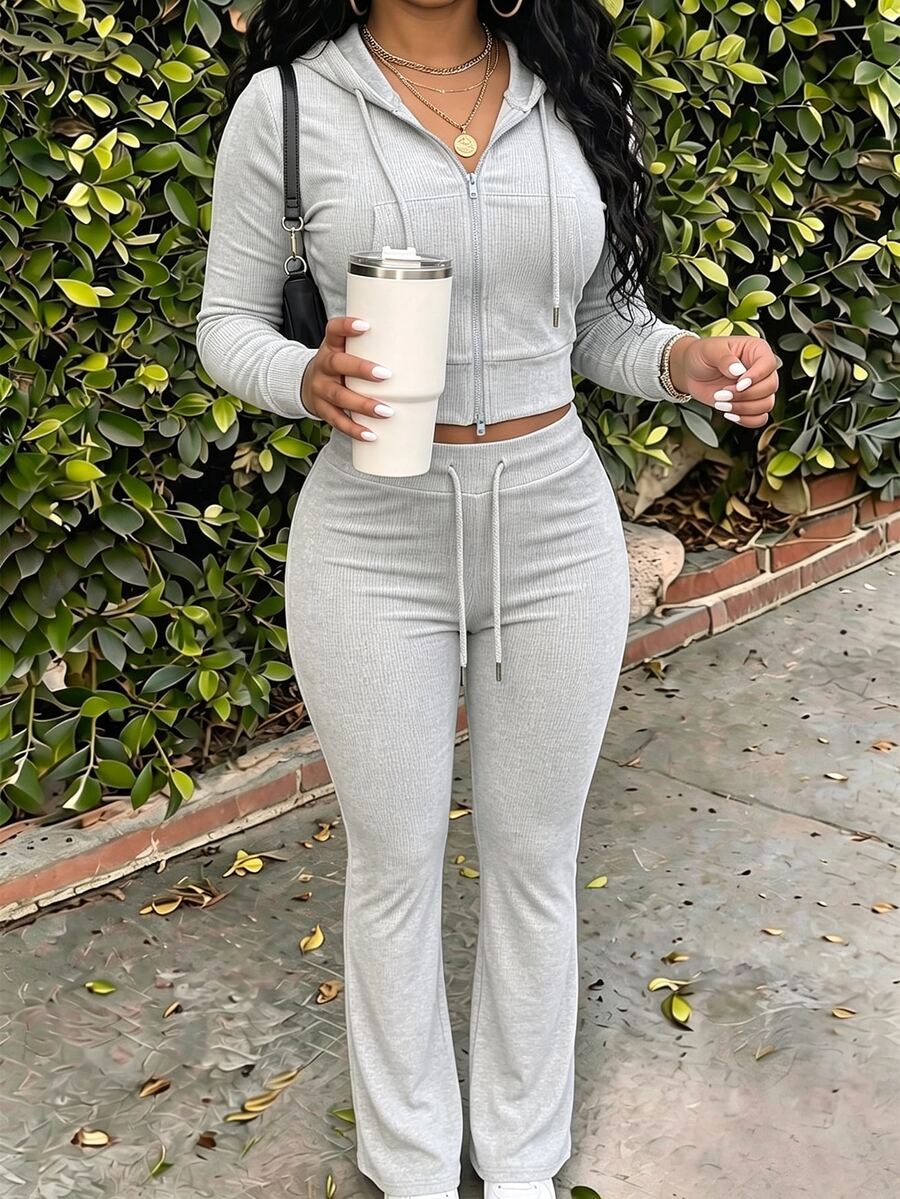 Eryvara Women's Casual Streetwear Fitted Hooded Zip-Up Sweatshirt And Blue Flare Pants Set, Autumn/Winter Daily Casual Fashion Outfit
