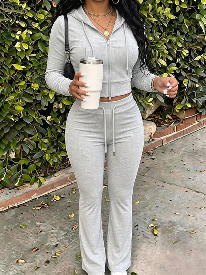 Eryvara Women's Casual Streetwear Fitted Hooded Zip-Up Sweatshirt And Blue Flare Pants Set, Autumn/Winter Daily Casual Fashion Outfit