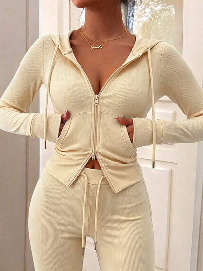 Eryvara Women's Casual Streetwear Fitted Hooded Zip-Up Sweatshirt And Blue Flare Pants Set, Autumn/Winter Daily Casual Fashion Outfit