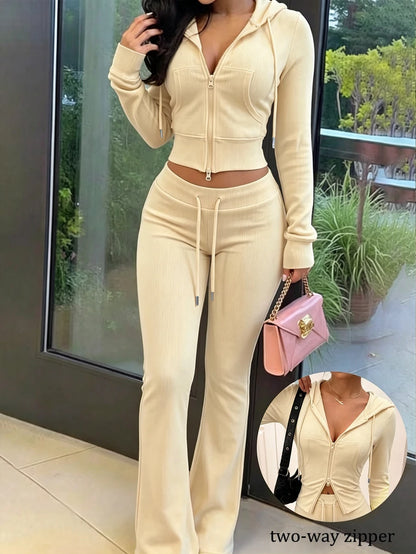 Eryvara Women's Casual Streetwear Fitted Hooded Zip-Up Sweatshirt And Blue Flare Pants Set, Autumn/Winter Daily Casual Fashion Outfit