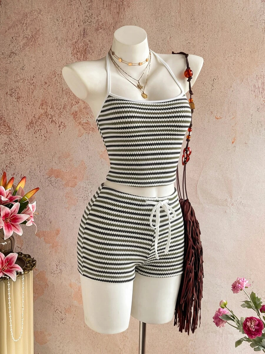 Sunnyshic Women's Autumn/Winter Casual Striped Knit Set Halter Top Low Waist Shorts Slim Fit Elegant Beach Outfit Tank Top Shorts