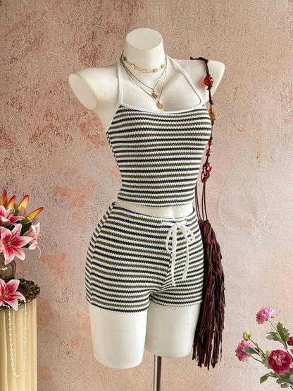 Sunnyshic Women's Autumn/Winter Casual Striped Knit Set Halter Top Low Waist Shorts Slim Fit Elegant Beach Outfit Tank Top Shorts