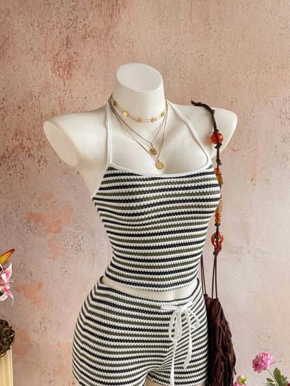 Sunnyshic Women's Autumn/Winter Casual Striped Knit Set Halter Top Low Waist Shorts Slim Fit Elegant Beach Outfit Tank Top Shorts
