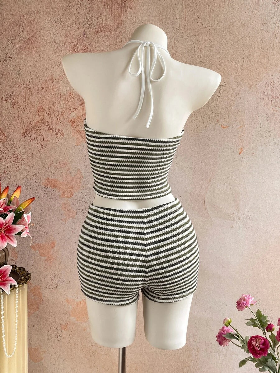 Sunnyshic Women's Autumn/Winter Casual Striped Knit Set Halter Top Low Waist Shorts Slim Fit Elegant Beach Outfit Tank Top Shorts