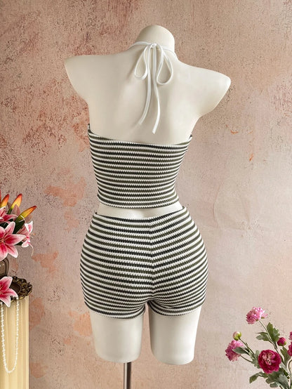 Sunnyshic Women's Autumn/Winter Casual Striped Knit Set Halter Top Low Waist Shorts Slim Fit Elegant Beach Outfit Tank Top Shorts