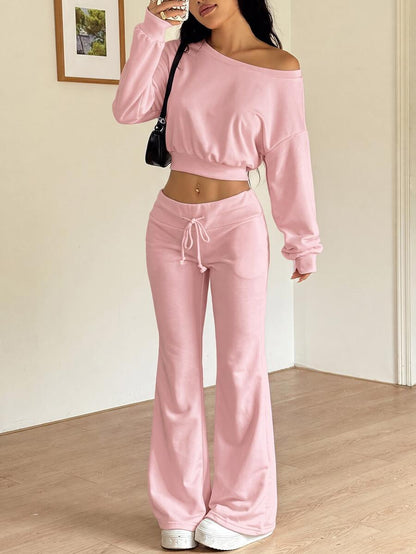 SHEIN EZwear Women's Navy Blue Autumn Casual Comfy Airport 2 Pieces Set,Asymmetrical Neck Drop Shoulder Cropped Sweatshirt&Flared Sweatpants Tall Long Sleeve Set