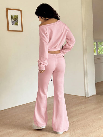 SHEIN EZwear Women's Navy Blue Autumn Casual Comfy Airport 2 Pieces Set,Asymmetrical Neck Drop Shoulder Cropped Sweatshirt&Flared Sweatpants Tall Long Sleeve Set