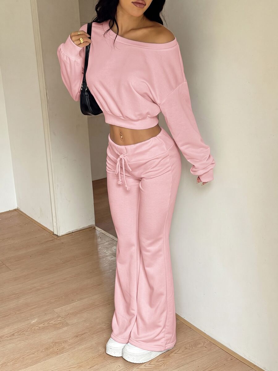 SHEIN EZwear Women's Navy Blue Autumn Casual Comfy Airport 2 Pieces Set,Asymmetrical Neck Drop Shoulder Cropped Sweatshirt&Flared Sweatpants Tall Long Sleeve Set