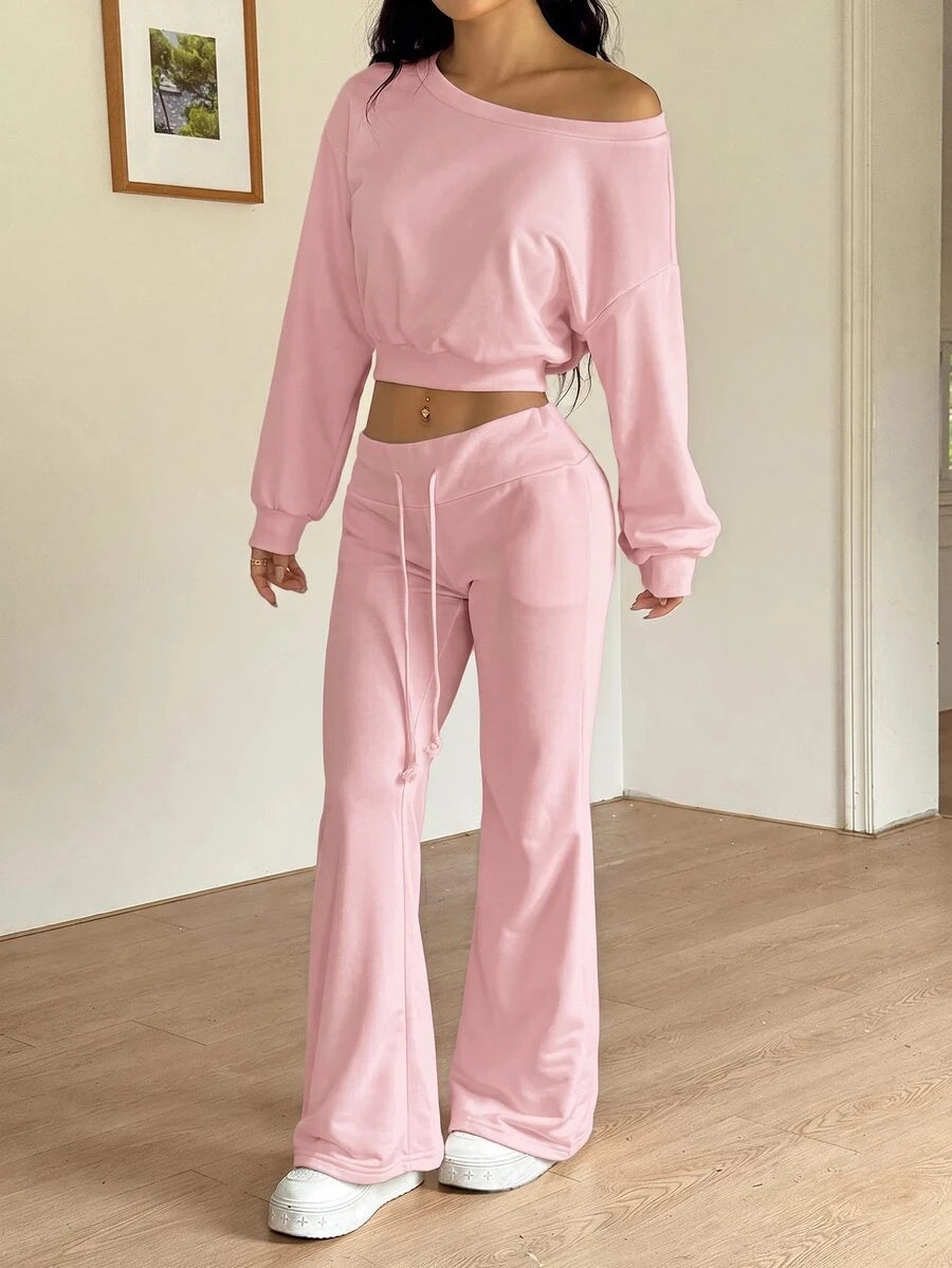 SHEIN EZwear Women's Navy Blue Autumn Casual Comfy Airport 2 Pieces Set,Asymmetrical Neck Drop Shoulder Cropped Sweatshirt&Flared Sweatpants Tall Long Sleeve Set
