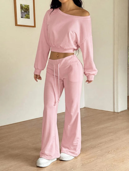 SHEIN EZwear Women's Navy Blue Autumn Casual Comfy Airport 2 Pieces Set,Asymmetrical Neck Drop Shoulder Cropped Sweatshirt&Flared Sweatpants Tall Long Sleeve Set