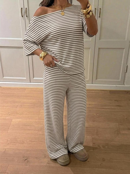 Siren Gaze Women's Fall White Casual Striped Asymmetric Collar T-Shirt Pants 2 Pieces Set Back To School Going Out Y2k Basic Streetwear Gym Halloween Sports Gym