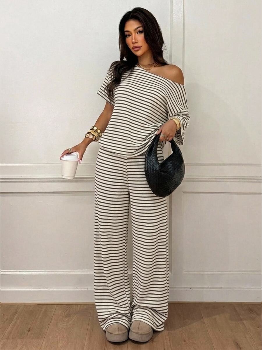 Siren Gaze Women's Fall White Casual Striped Asymmetric Collar T-Shirt Pants 2 Pieces Set Back To School Going Out Y2k Basic Streetwear Gym Halloween Sports Gym