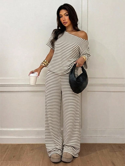 Siren Gaze Women's Fall White Casual Striped Asymmetric Collar T-Shirt Pants 2 Pieces Set Back To School Going Out Y2k Basic Streetwear Gym Halloween Sports Gym