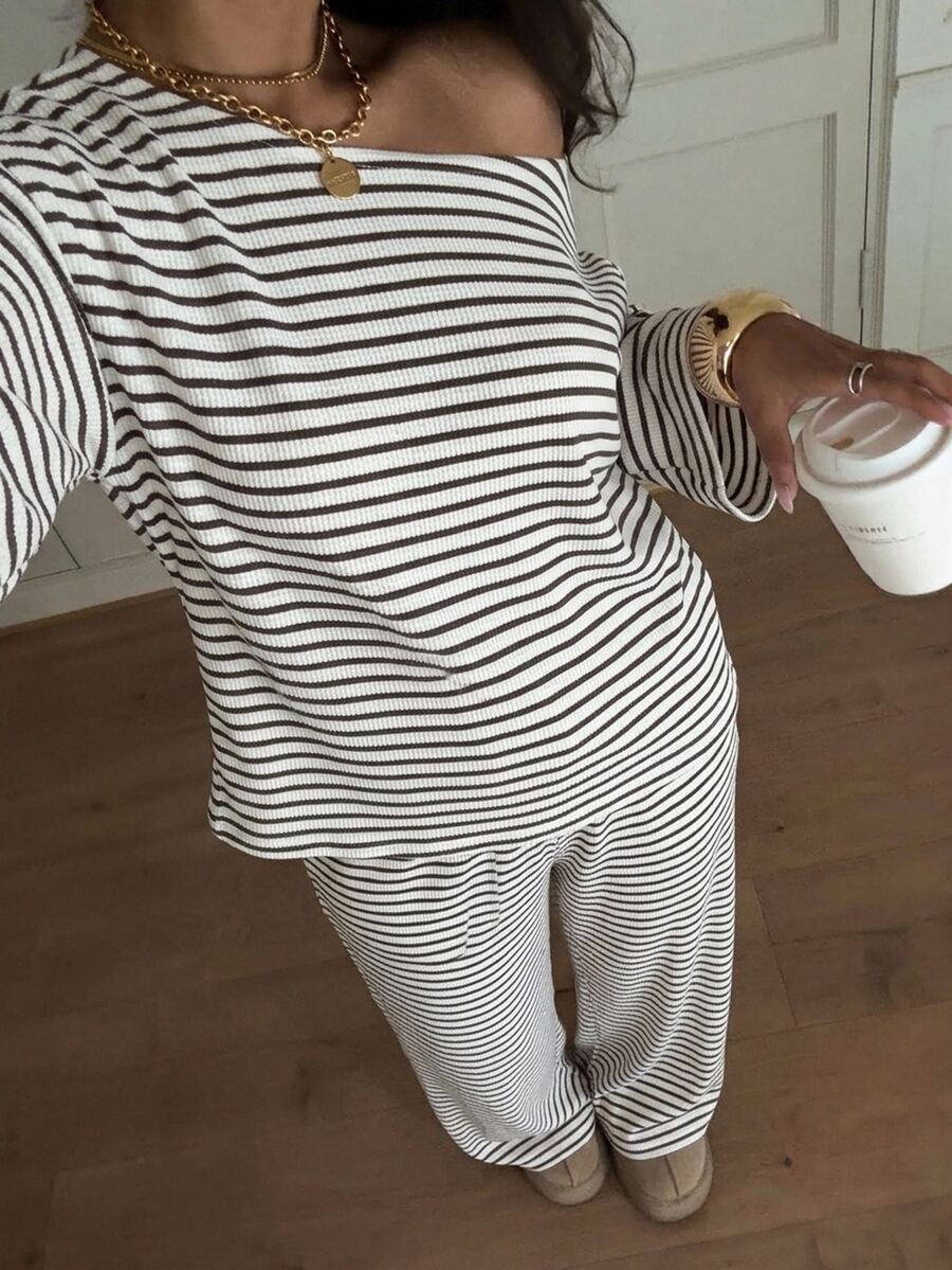 Siren Gaze Women's Fall White Casual Striped Asymmetric Collar T-Shirt Pants 2 Pieces Set Back To School Going Out Y2k Basic Streetwear Gym Halloween Sports Gym