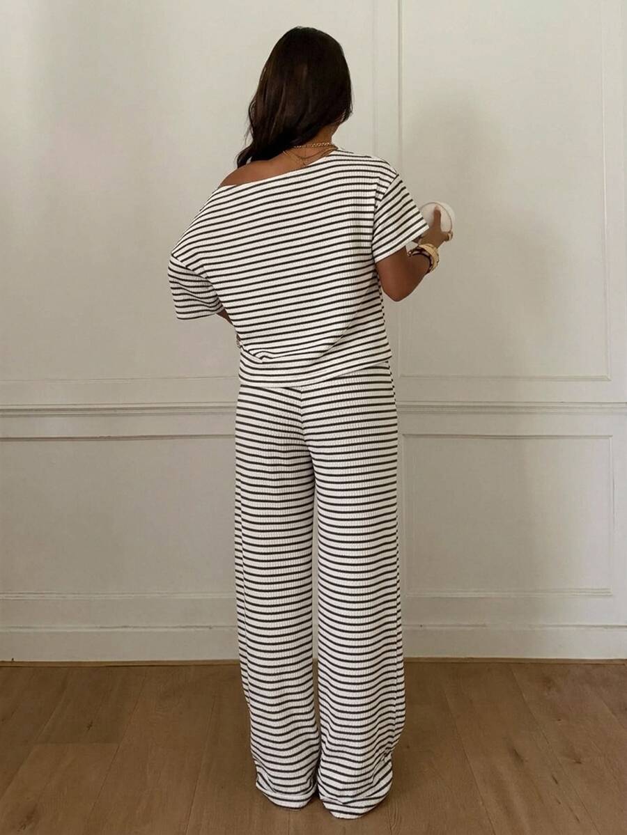 Siren Gaze Women's Fall White Casual Striped Asymmetric Collar T-Shirt Pants 2 Pieces Set Back To School Going Out Y2k Basic Streetwear Gym Halloween Sports Gym