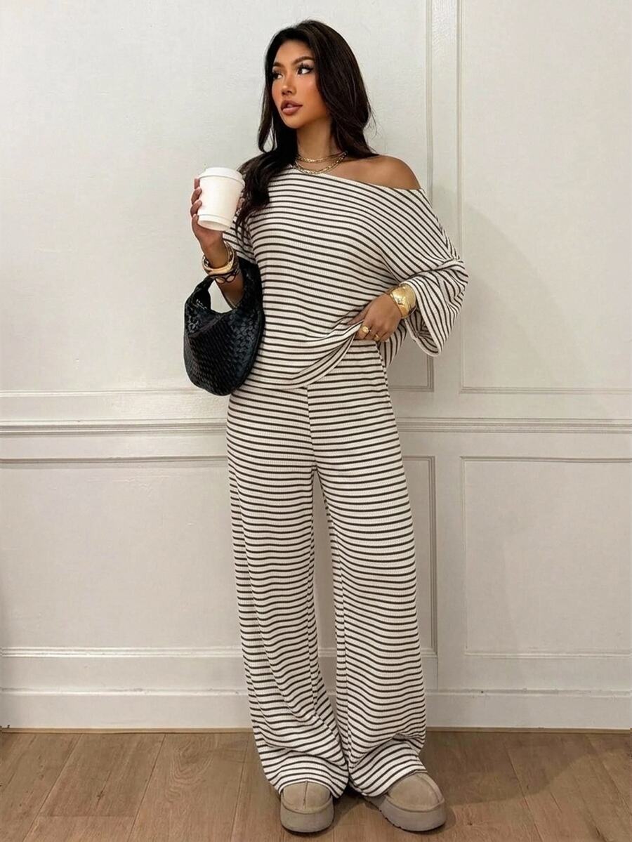 Siren Gaze Women's Fall White Casual Striped Asymmetric Collar T-Shirt Pants 2 Pieces Set Back To School Going Out Y2k Basic Streetwear Gym Halloween Sports Gym