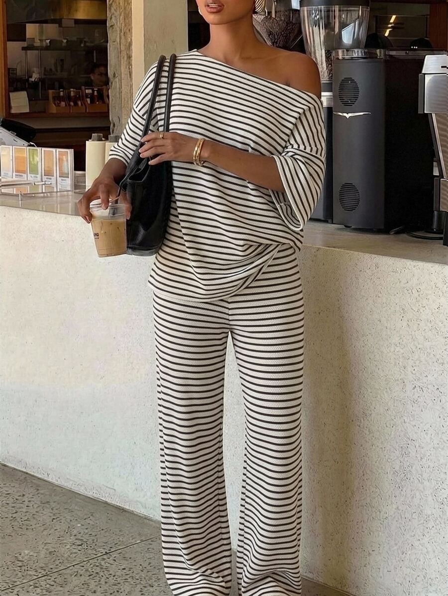 Siren Gaze Women's Fall White Casual Striped Asymmetric Collar T-Shirt Pants 2 Pieces Set Back To School Going Out Y2k Basic Streetwear Gym Halloween Sports Gym
