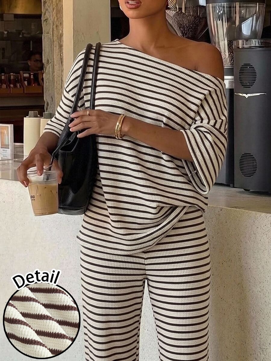 Siren Gaze Women's Fall White Casual Striped Asymmetric Collar T-Shirt Pants 2 Pieces Set Back To School Going Out Y2k Basic Streetwear Gym Halloween Sports Gym