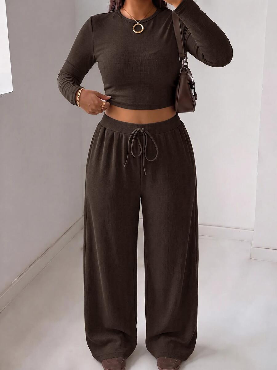 Muchica Plus Size Round Neck Long Sleeve Minimalist T-Shirt And Drawstring Waist Long Pants 2 Pieces Set Fall