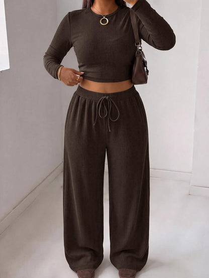 Muchica Plus Size Round Neck Long Sleeve Minimalist T-Shirt And Drawstring Waist Long Pants 2 Pieces Set Fall