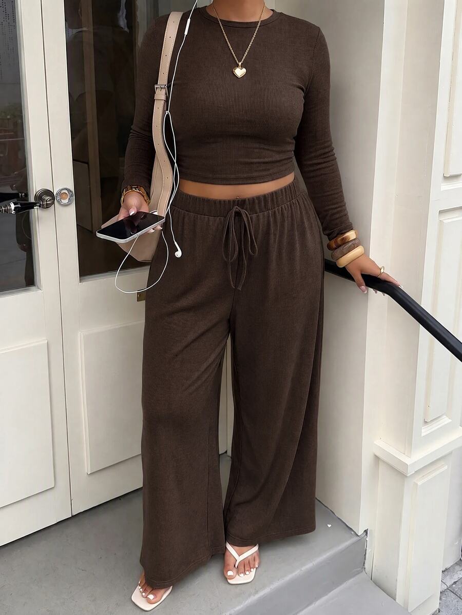 Muchica Plus Size Round Neck Long Sleeve Minimalist T-Shirt And Drawstring Waist Long Pants 2 Pieces Set Fall