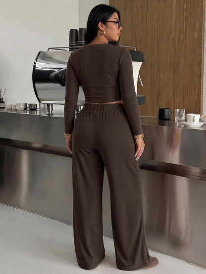 Muchica Plus Size Round Neck Long Sleeve Minimalist T-Shirt And Drawstring Waist Long Pants 2 Pieces Set Fall