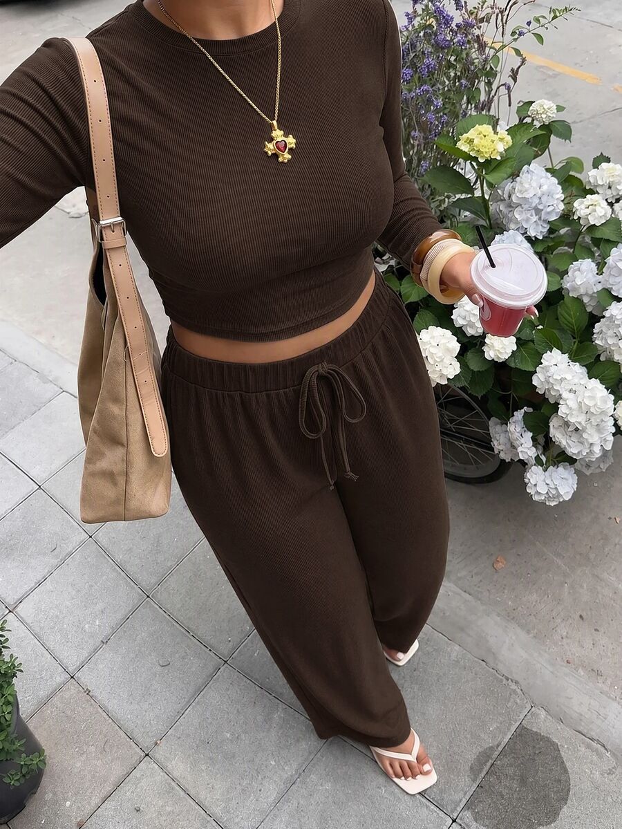Muchica Plus Size Round Neck Long Sleeve Minimalist T-Shirt And Drawstring Waist Long Pants 2 Pieces Set Fall