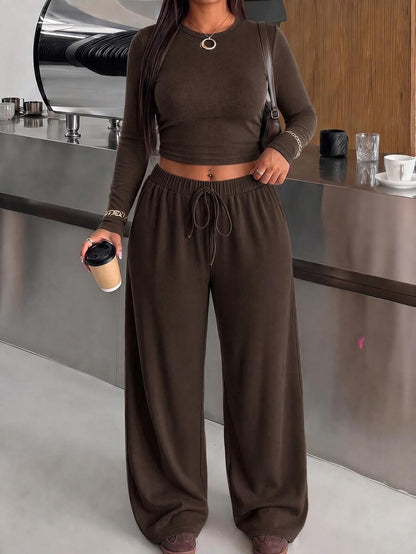Muchica Plus Size Round Neck Long Sleeve Minimalist T-Shirt And Drawstring Waist Long Pants 2 Pieces Set Fall