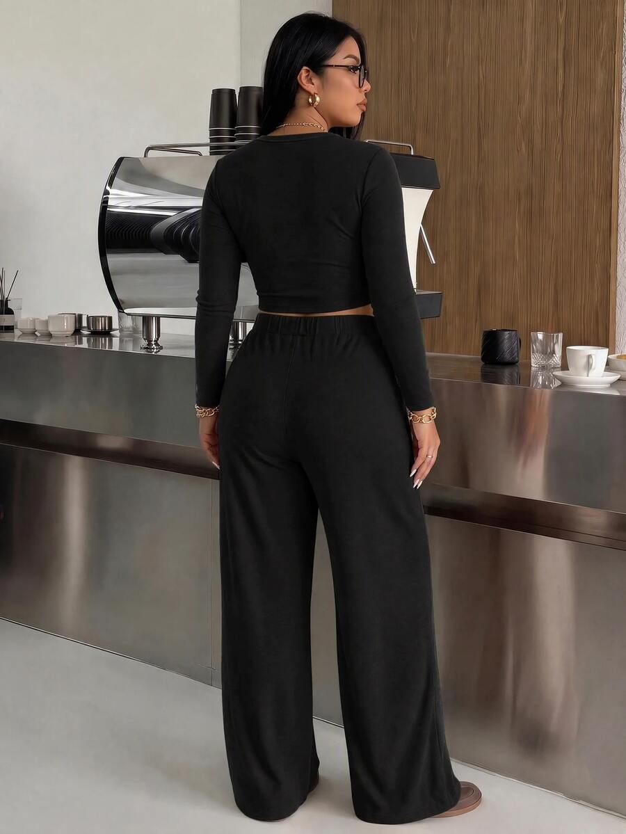 Muchica Plus Size Round Neck Long Sleeve Minimalist T-Shirt And Drawstring Waist Long Pants 2 Pieces Set Fall