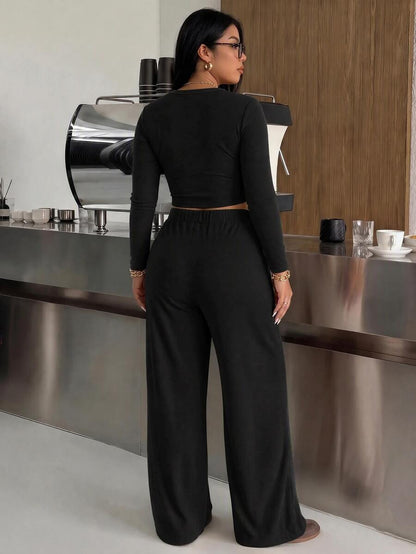Muchica Plus Size Round Neck Long Sleeve Minimalist T-Shirt And Drawstring Waist Long Pants 2 Pieces Set Fall
