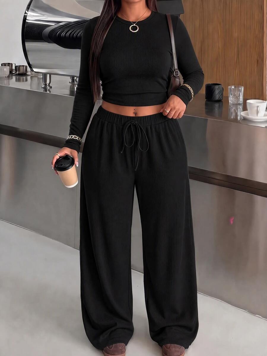 Muchica Plus Size Round Neck Long Sleeve Minimalist T-Shirt And Drawstring Waist Long Pants 2 Pieces Set Fall