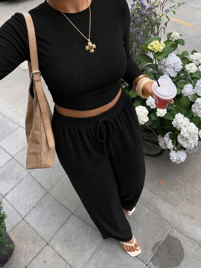 Muchica Plus Size Round Neck Long Sleeve Minimalist T-Shirt And Drawstring Waist Long Pants 2 Pieces Set Fall