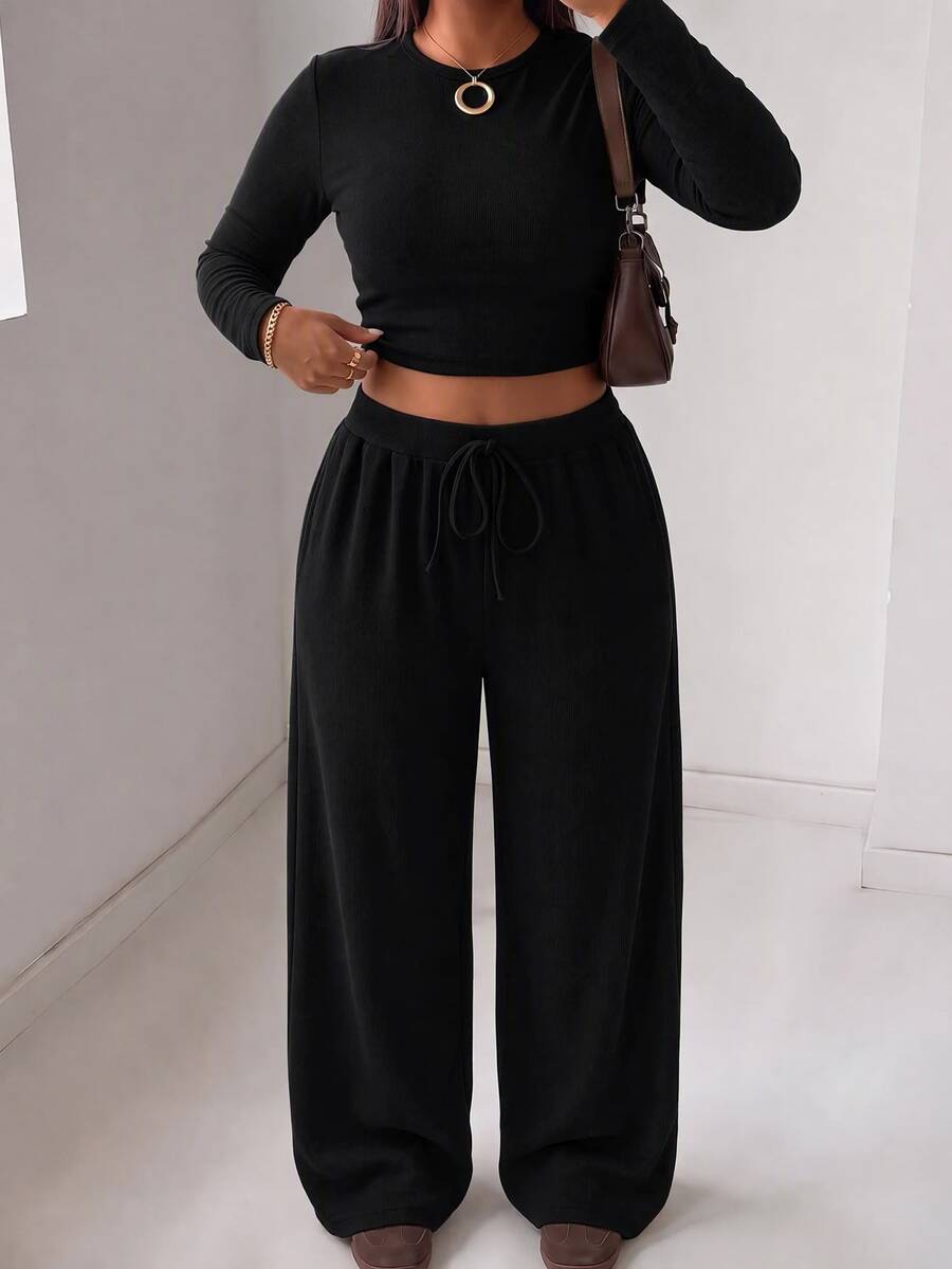 Muchica Plus Size Round Neck Long Sleeve Minimalist T-Shirt And Drawstring Waist Long Pants 2 Pieces Set Fall