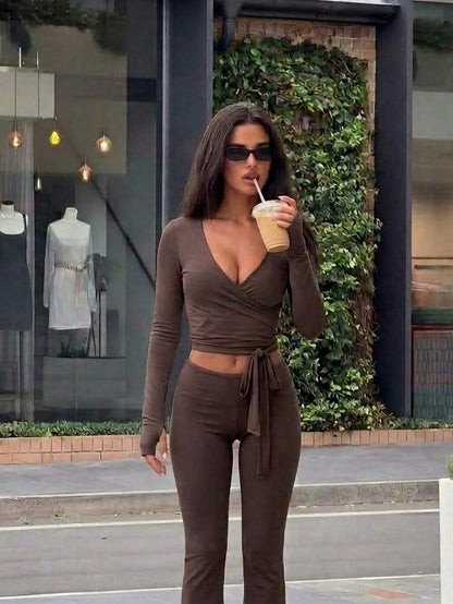 Women's Solid Color Long Sleeve V-Neck Cropped Top + Slim Fit Flare Pants Casual Set, Elegant Style, Can Be Worn Separately, Autumn/Winter