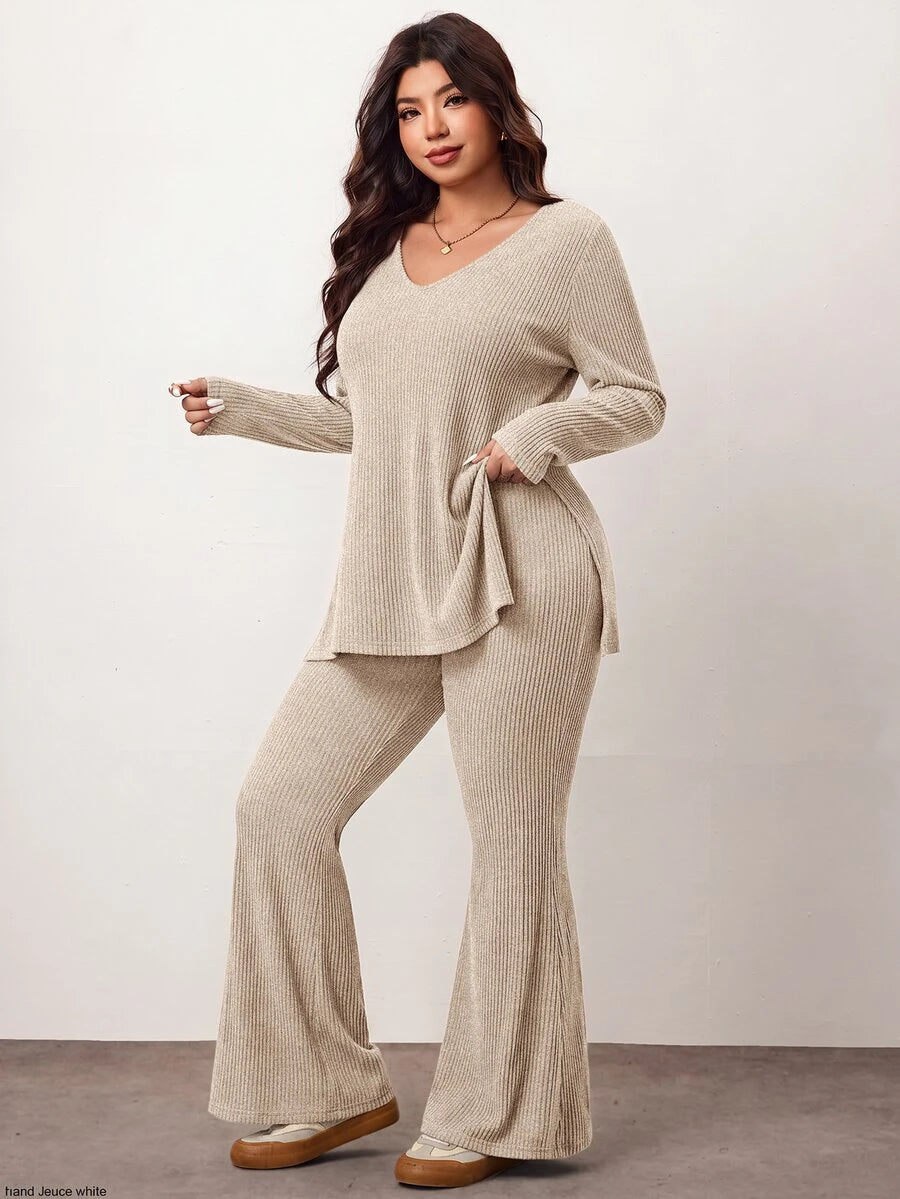 Enliva Plus Size Casual Home Wear 2 Pieces Set: Minimalist Off-Shoulder Ribbed Design, Suitable For Autumn/Winter, Flattering For Curvy Figures Fall