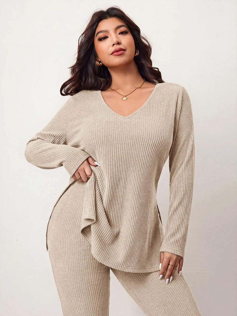 Enliva Plus Size Casual Home Wear 2 Pieces Set: Minimalist Off-Shoulder Ribbed Design, Suitable For Autumn/Winter, Flattering For Curvy Figures Fall
