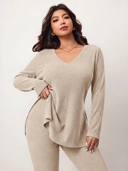 Enliva Plus Size Casual Home Wear 2 Pieces Set: Minimalist Off-Shoulder Ribbed Design, Suitable For Autumn/Winter, Flattering For Curvy Figures Fall