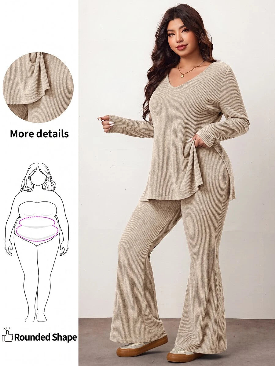 Enliva Plus Size Casual Home Wear 2 Pieces Set: Minimalist Off-Shoulder Ribbed Design, Suitable For Autumn/Winter, Flattering For Curvy Figures Fall