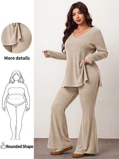 Enliva Plus Size Casual Home Wear 2 Pieces Set: Minimalist Off-Shoulder Ribbed Design, Suitable For Autumn/Winter, Flattering For Curvy Figures Fall