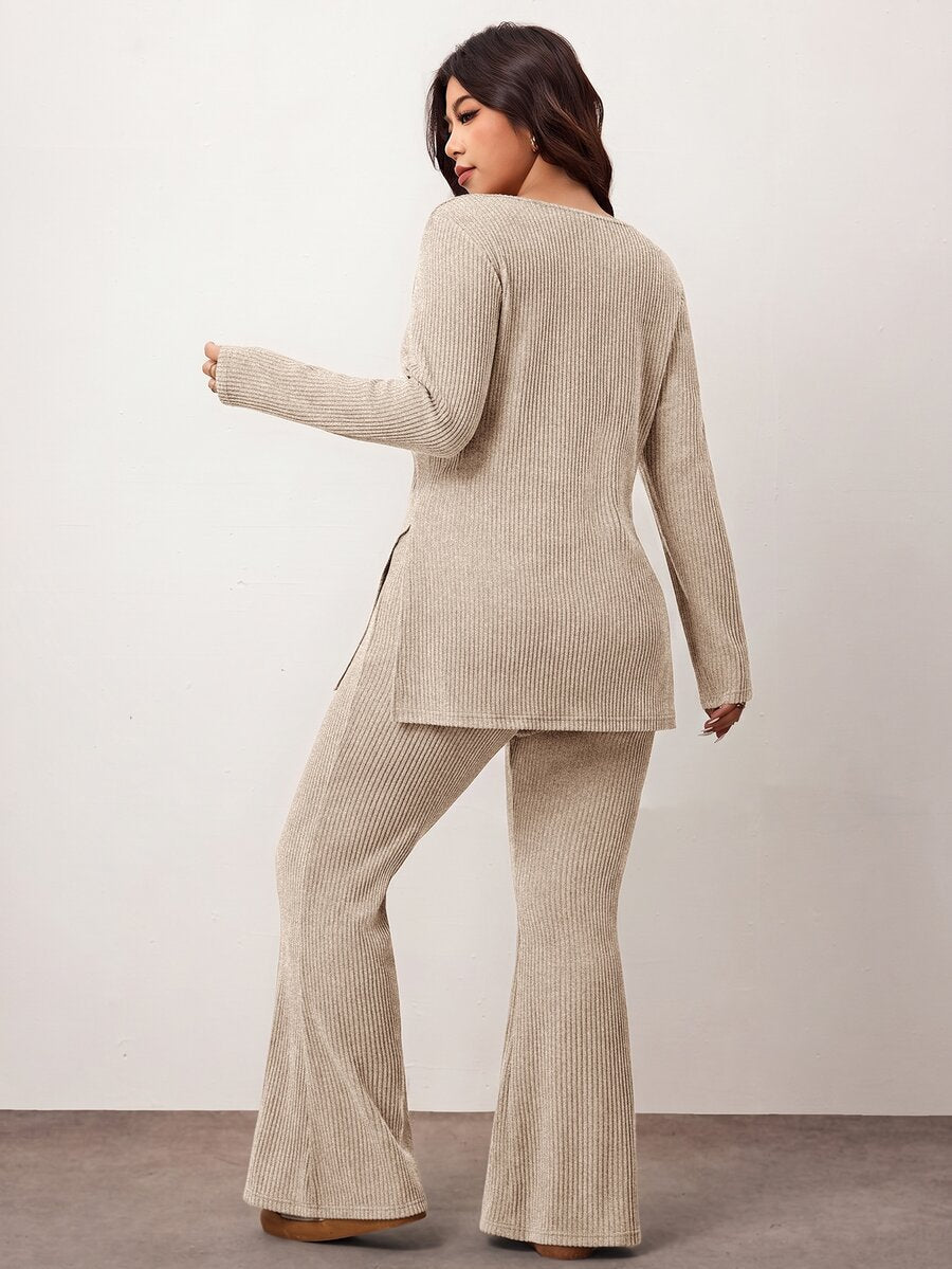 Enliva Plus Size Casual Home Wear 2 Pieces Set: Minimalist Off-Shoulder Ribbed Design, Suitable For Autumn/Winter, Flattering For Curvy Figures Fall